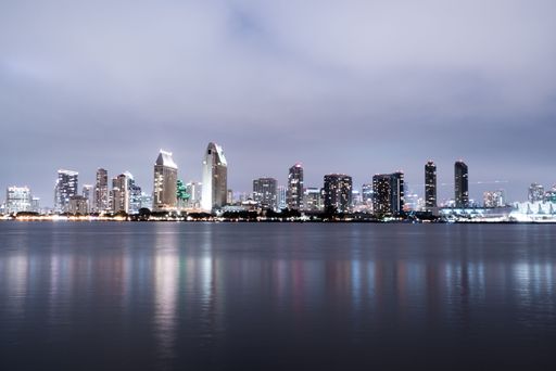 A skyline of the illuminated waterfront San Diego in the evening