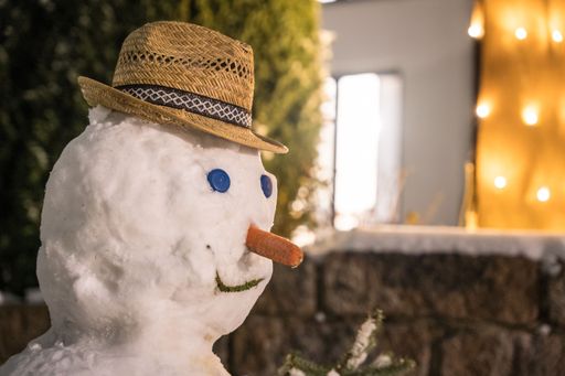A snowman with a carrot nose, hat and buttons on a winter day