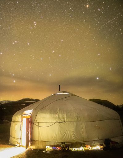 The vertorama shot and night view of the stars in western part of MOngolia. Kazakh ger under the stars and very open sky in Mongolia.