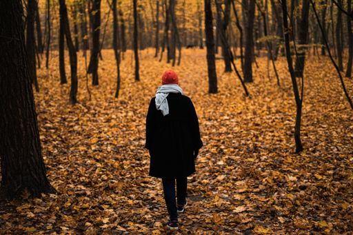 A female wearing a jacket and a red hat while walking in a forest during autumn