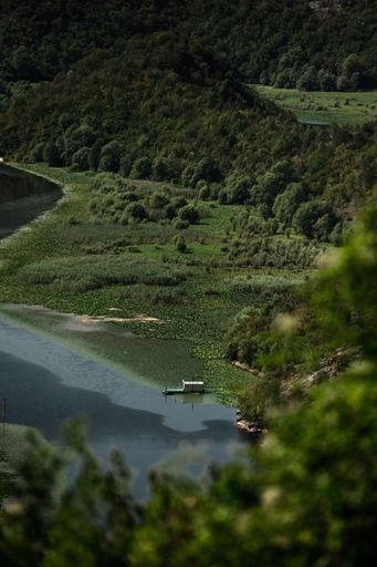 An aerial view of Rijeka Crnojevica river surrounded by lush green vegetation of Montenegro