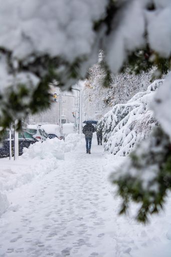 A vertical shot of a person walking with an umbrella in a snowy weather