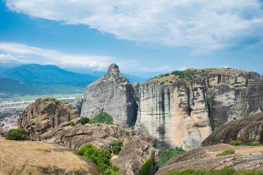 A beautiful shot of the Meteora rock formations in central Greece on a sunny day