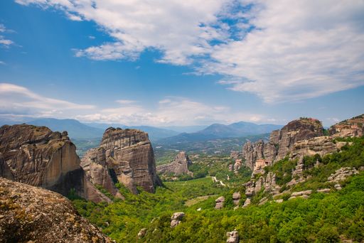 Meteora, the rock formation in central Greece that hosts one of the largest and most precipitously built complexes of Eastern Orthodox monasteries