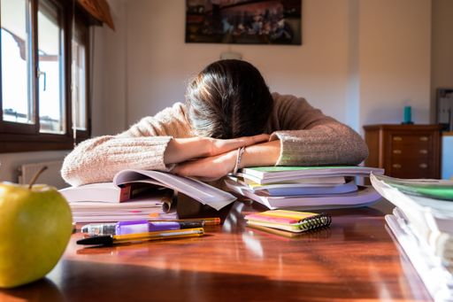 A young female student sleeping on her desk in the bedroom, studying at home, the concept of home and remote education
