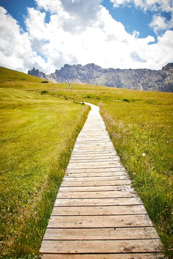 A vertical shot of a boardwalk in a grassy field surrounded by high rocky mountains under a cloudy sky