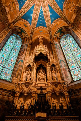 A low angle view of the astonishingly beautiful interior of the Notre-Dame de Paris cathedral