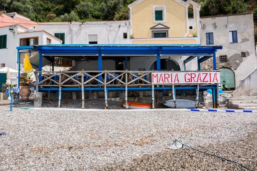 A small beach terrace in Positano at Amalfi shore in South Italy