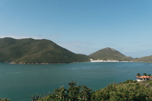 A beautiful shot of sea surrounded by trees and mountains