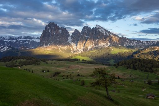 The beautiful Langkofel group gleaming under the cloudy sky in Italy
