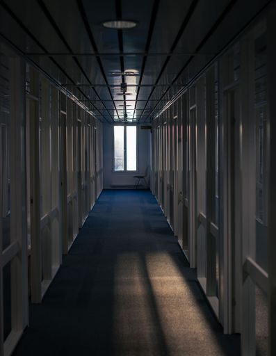 A vertical shot of a narrow hallway with a long rectangle window