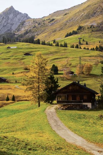 A single-story rural house situated on a lush green hill overlooking a majestic mountain range on a sunny day