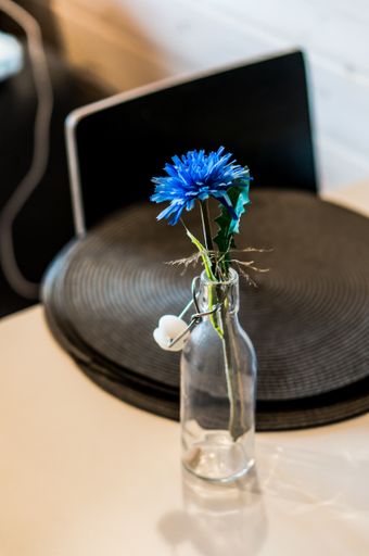 A vertical shot of cornflower in a small glass bottle on the table