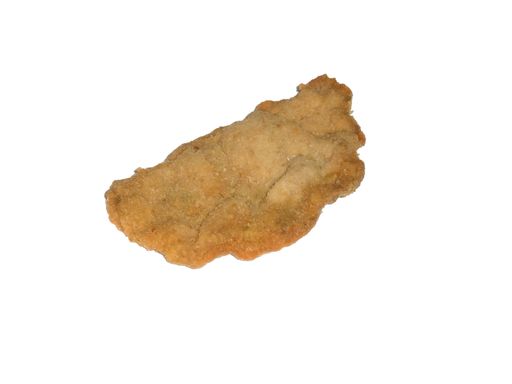 A closeup high angle shot of a classic tender fried veal cutlet Milanese isolated on a white background. Argentine meat.