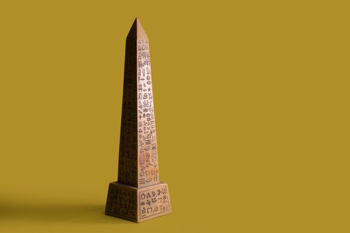 An Egyptian obelisk symbolizing power on a yellow background