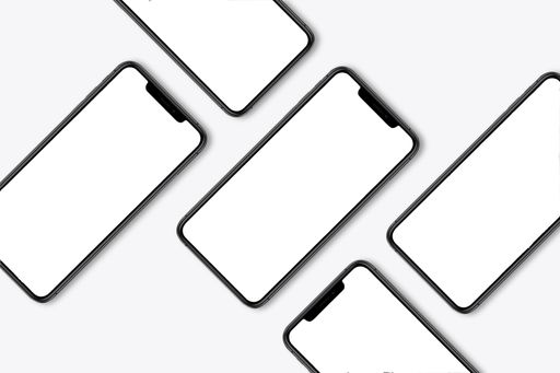 A 3D rendering of five mobile phones with a white screens on a white background