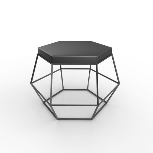 A contemporary black hexagonal coffee table standing isolated on a white background