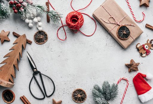 A top view of Christmas decorations on a white background