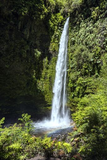 A vertical long exposure shot of a thin waterfall with a beautiful rainbow flowing through a mossy cliff