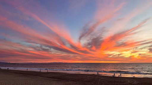 Multi color winter burn sunset over Venice pier and beach in Los Angeles