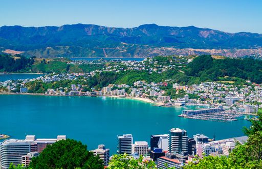 Afternoon view during summer looking across the harbour towards the popular inner city beach at Oriental Bay and Mount Victoria.