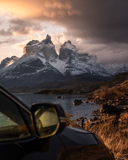 A vertical shot of the Torres del Paine mountains in Chile