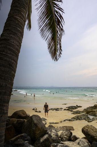A vertical shot of people near Snapper Rocks in Rainbow Bay, Queensland, Australia