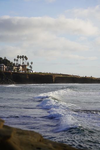 A vertical shot of a sea waves with palms and buildings on the background in California, USA