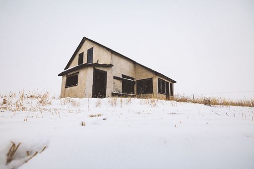 A rustic, two-story house amidst a barren, snow-covered field, with wild weeds flourishing in the foreground