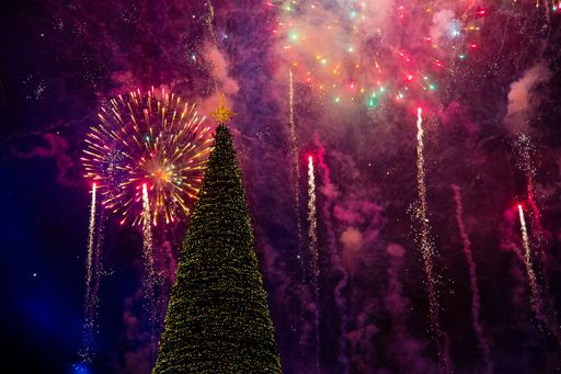A closeup shot of a Christmas tree in the background of frameworks during New Year