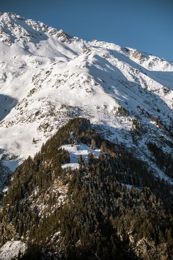 A high angle shot of the snowy Wintersport village, Sainte-Foy-Tarentaise in the Alps in France.