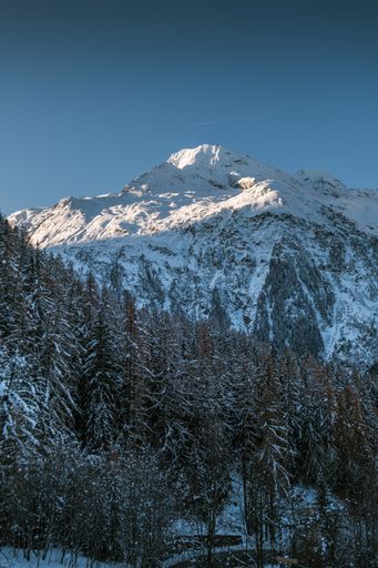 A high angle shot of the snowy Wintersport village, Sainte-Foy-Tarentaise in the Alps in France.
