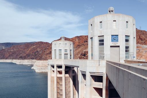 An ancient concrete Hoover Dam in the Black Canyon of the Colorado River, in Nevada, US
