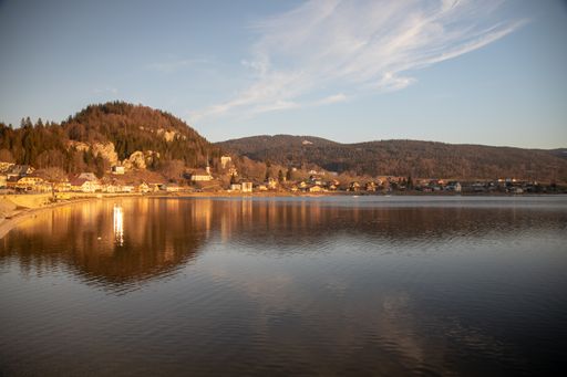 A beautiful shot of Le Pont at the northern end of Lac de Joux, Switzerland