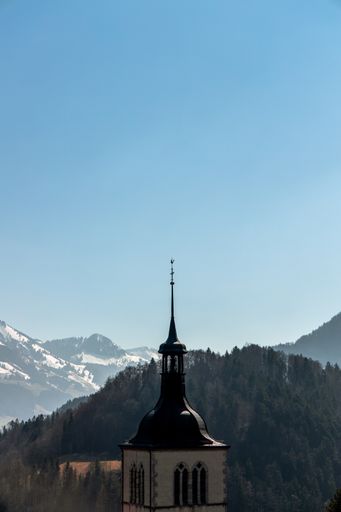 A vertical shot of the Eglise Saint Theodule church dome in Gruyeres, Switzerland