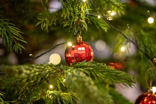 A beautiful decorated Christmas tree with red baubles and string lights