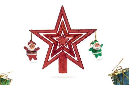 A closeup shot of a Christmas red star with the ornaments of Santa Claus hanging on each sides
