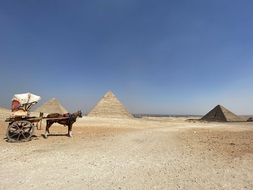 An empty touring horse cart close Egyptian pyramids under the clear blue sky
