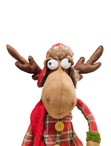A cute soft reindeer doll on the white background, a funny Christmas decoration