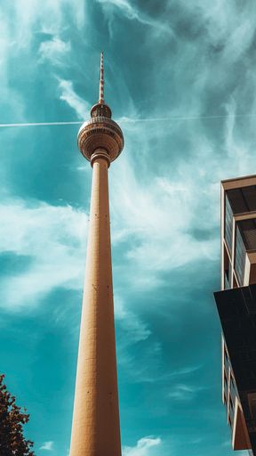 A vertical low angle shot of Berlin TV Tower