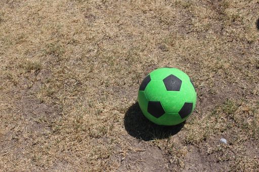 A black and green ball on the ground during daytime