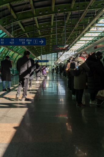 The interior of the Gangbyeon Train Station during Monday rush hour