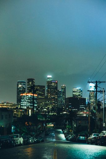 A look at the downtown Los Angeles skyline on a late, rainy night.