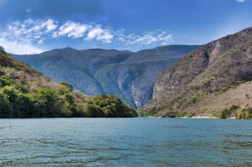 A view of the Sumidero Canyon from a boat ride, on the Grijalva River at Sumidero National Park in Chiapas, Mexico