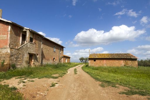 A dirt road with old abandoned buildings in a field during daylight