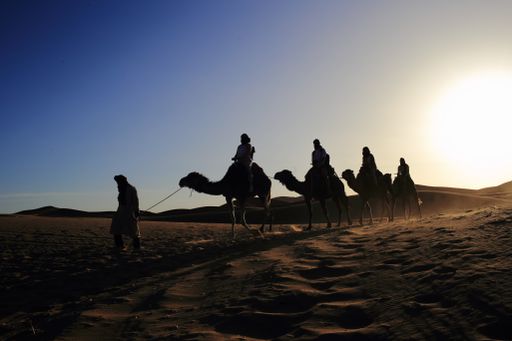 The silhouette of people riding through a desert on camels under the sunlight
