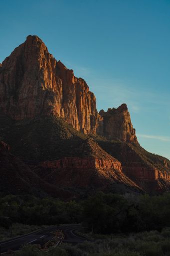 A vertical aerial view of the historic Zion National Park cliffs with the Angels Landing Trail