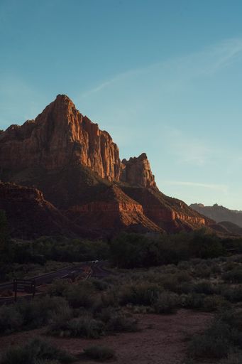 A vertical aerial view of the historic Zion National Park cliffs with the Angels Landing Trail