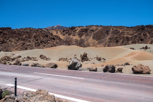 Road in the volcanic desert of El Teide. Island of Tenerife, Canary Islands. Spain