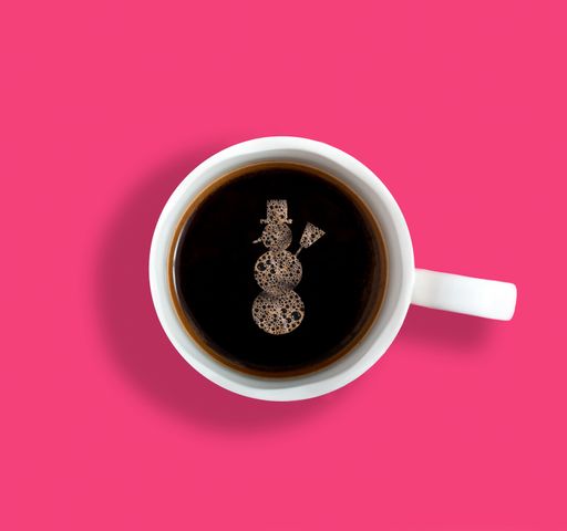 A top view of a coffee cup with a bubble snowman on it  on a pink background